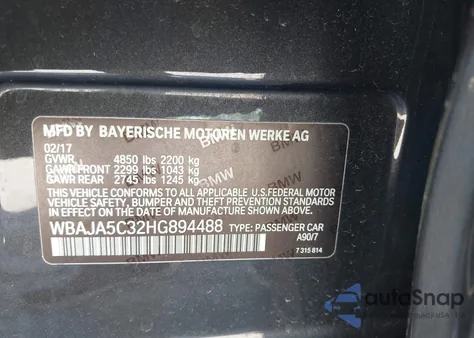 2017 BMW 530I из США, поврежденный, VIN WBAJA5C32HG894488